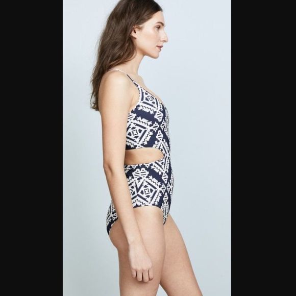 Tory Burch Blue White Tapestry Geometric Cut Out One Piece Swimsuit Size XS - Picture 4 of 14